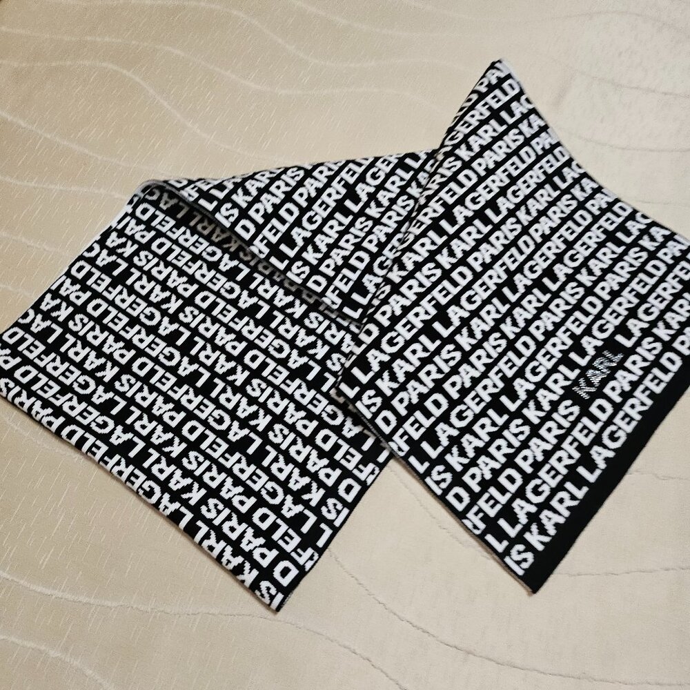 KARL LAGERFELD CHIC ICONIC MONOCHROME BLACK & WHITE  LOGO SCARF - Picture 11 of 15